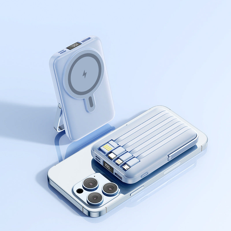Magnetic Stand Power Bank 10000mAh with Wireless Charging & Built-In Cable