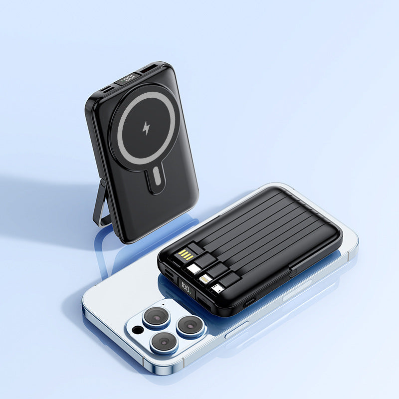Magnetic Stand Power Bank 10000mAh with Wireless Charging & Built-In Cable