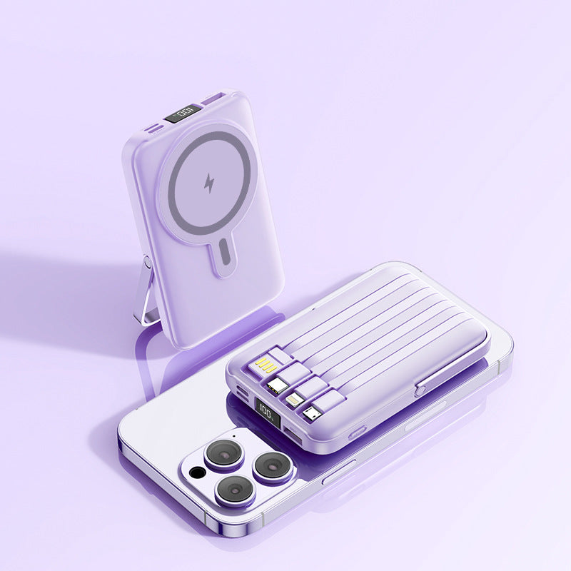 Magnetic Stand Power Bank 10000mAh with Wireless Charging & Built-In Cable