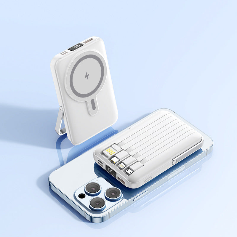 Magnetic Stand Power Bank 10000mAh with Wireless Charging & Built-In Cable